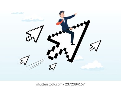 Businessman riding digital pixel mouse pointer to click on button, online advertising or digital marketing, SEO click through rate, social media marketing or search engine optimization (Vector)