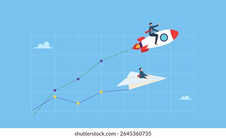 Businessman riding fast rising speed rocket on rising graph. Boost performance, improvement or growth with fast speed progress, self development or marketing and investment, increase efficiency fast.