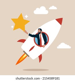 Businessman riding fast rocket to catch golden star. Innovation to help or support work success, entrepreneurship or winning business challenge, work opportunity or business accomplishment concept.
