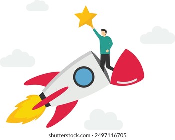 Businessman riding fast rocket to catch golden star. Innovation to help or support work success, entrepreneurship or winning business challenge, work opportunity or business accomplishment concept.

