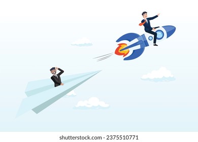 Businessman riding fast rocket to win against other origami airplane, leadership to win business competition, winner or competitive advantage to success in work, innovation and motivation (Vector)