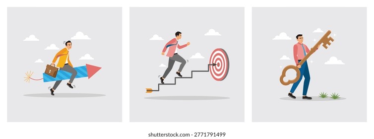 Businessman riding a firework ready to launch. Businessman climbs stairs toward a bullseye target. Man holds big golden key with full effort. Risk management concept.