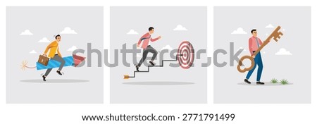 Businessman riding a firework ready to launch. Businessman climbs stairs toward a bullseye target. Man holds big golden key with full effort. Risk management concept.
