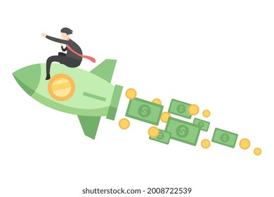 Businessman riding a flying rocket make money and coins. isolated on a white background. suitable for business themes, finance, work from home etc. cartoon style flat vector illustration.