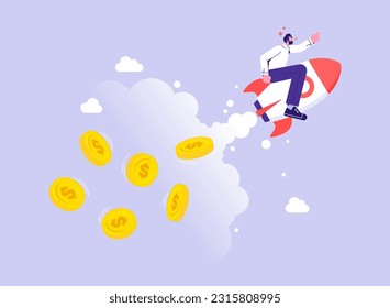 Businessman riding a flying rocket with money, career, salary, earnings profit, concept of financial success 