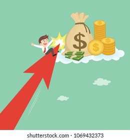 Businessman riding graph to get money, success concept money