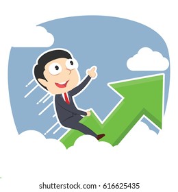 businessman riding graph through clouds