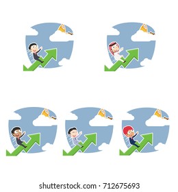 businessman riding graph to trophy on clouds different race set 