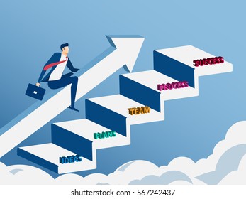 Businessman riding growth arrow graph on stair step to success. Cartoon Vector Illustration.