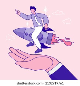 Businessman riding a high flying rocket to achieve success. Business start up. growth and progress concept. business risk insurance. Flat vector outline illustration.