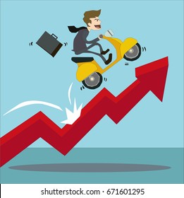 Businessman riding his scooter on red arrow growing business graph. Growth and success concept illustration vector.
