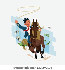 Businessman is riding horse as cowboy.  chasing for opportunity by rope - vector illustration