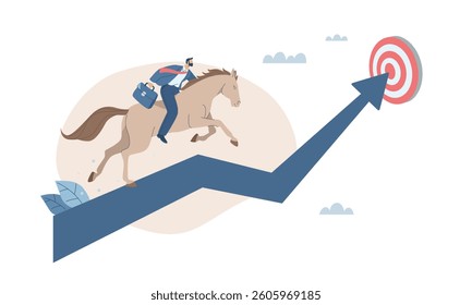 Businessman riding horse running following arrow pointing to set target, Outstanding and successful leadership, Graph showing organization growth and development, Flat design vector illustration. 