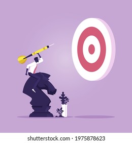 businessman riding knight chess and holding dart aim at a target, Achievement goals with strategy