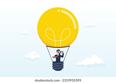 Businessman riding light bulb balloon using spyglass or telescope searching for vision, search for new business opportunity, idea or inspiration, business visionary, challenge or achievement (Vector)