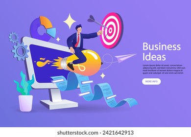 Businessman riding a light bulb pointing at the target. Business and financial growth goals. creative projects. Money growth prediction and progress report. sales improvement. Occupation plan. vector