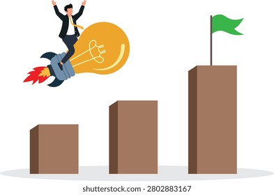 Businessman Riding Lightbulb Rocket Toward Green Flag over Bar Chart