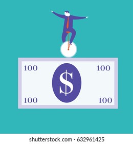 Businessman riding a monobike on a dollar bill