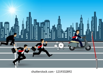 businessman riding a motorbike competition with a runner go to the finish line on road. go to goal and business finance success. leadership. creative idea. Vector illustration