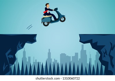 Businessman Riding A Motorcycle Are Jumping From Cliff To The Opposite Cliff Go To The Business Success Goal To Overcome Obstacles For The Ultimate Target. Startup. Illustration Cartoon Vector