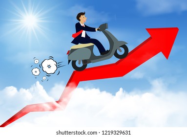 Businessman riding a motorcycle run on the arrow red go up the sky. with view of the cloud and sky. go to the ultimate goal of business success. leadership. creative idea. startup. vector illustration