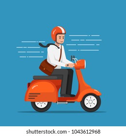 Businessman riding motorcycle or scooter going to work. Transportation concept.