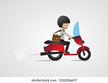 Businessman Riding Motorcycle - Vector. Businessman Sitting On Motorcycle - Isolated On Gray Background. Cartoon Character Vector. Business Man On Scooter Going To Work. Business Concept