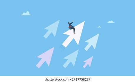 Hombre de negocios montando puntero del ratón al Hacer clic en el Botón. Publicidad en línea o marketing digital, Hacer clic SEO a través de tarifas, marketing en redes sociales u optimización de motores de búsqueda.