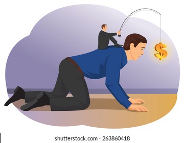 Businessman riding an office worker with a dollar sign attached to a fishing rod