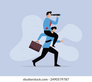 Businessman riding on another businessman shoulder and looking through telescope 2d flat vector illustration