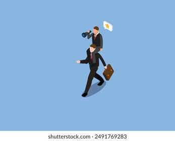 Businessman riding on another businessman shoulder and looking through telescope 3d isometric vector illustration