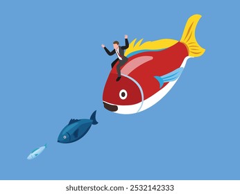 Businessman riding on the back of a large fish catching the smaller fishes 3d isometric vector illustration