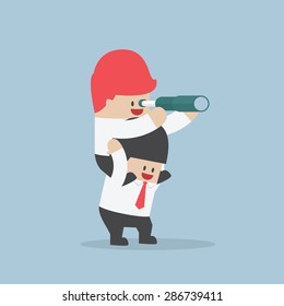 Businessman riding on his friend's shoulder and looking through spyglass, VECTOR, EPS10