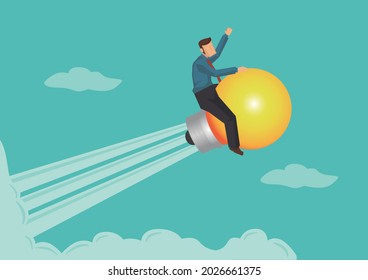 Businessman riding on the idea or light bulb flying in the sky. Business concept ideas and creativity. Flat vector illustration.