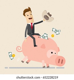 Businessman riding on piggy bank like a cowboy. Vector, illustration, flat