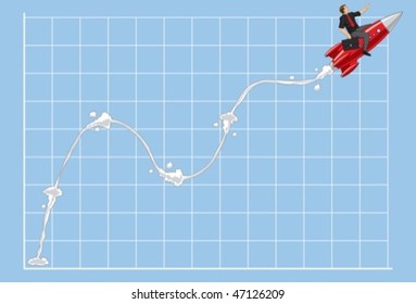 businessman riding on rocket chart