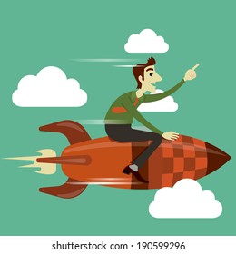 Businessman riding on rocket flying in the sky, business concept in growth and successful.