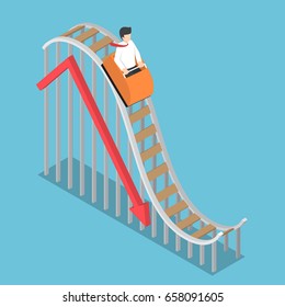 Businessman is Riding on a Roller Coaster with Falling Graph, Bankruptcy and Financial Crisis Concept