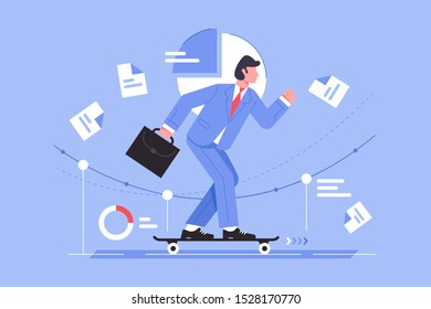 Businessman riding on skateboard on business background. Concept male employee character using modern device and finance diagram for work. Vector illustration.
