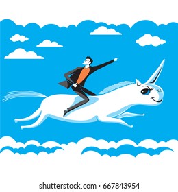 Businessman riding on unicorn points finger to successful direction on background of blue sky and clouds. Vector graphic illustration.