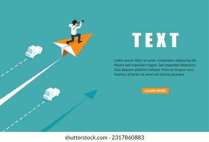 Businessman riding an Orange paper plane flying faster than origami cars. Vector illustration flat design for poster, banner, presentation, and background. Vision, Strategy, and idea concept.