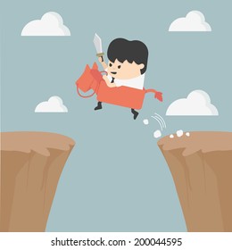 Businessman riding over obstacles.