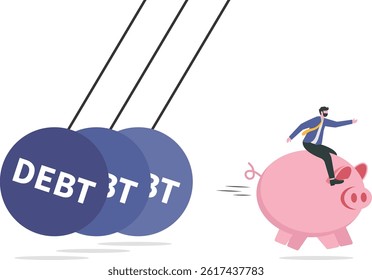 Businessman riding a piggy bank to escape debt. failure of debt management.


