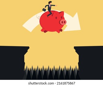 Businessman riding a piggy bank jumping over gap that full of spear and thorn. conquering obstacle challenge concept