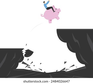 Businessman riding a piggy bank jumping over a gap that is full of spear and thorn. conquering obstacle challenge concept

