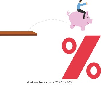 Businessman riding a piggy bank jumping into percentage sign. Financial investment, Profit on deposit in bank

