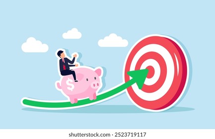 A businessman riding a piggy bank passes an arrow leading to a target board, an illustration of someone focused on investment goals.