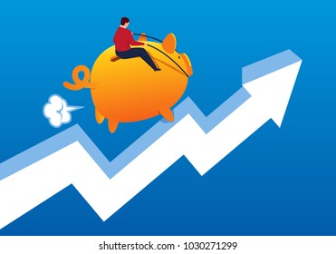 Businessman riding piggy bank running on arrow