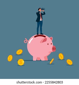 Businessman riding piggybank look through binoculars to see future. Discover investment opportunity or stock market pension fund. Modern vector illustration in flat style