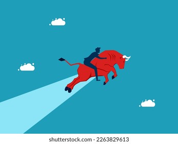 Businessman riding a red bull soaring in the sky. Stocks up in a bull market. investment concept vector